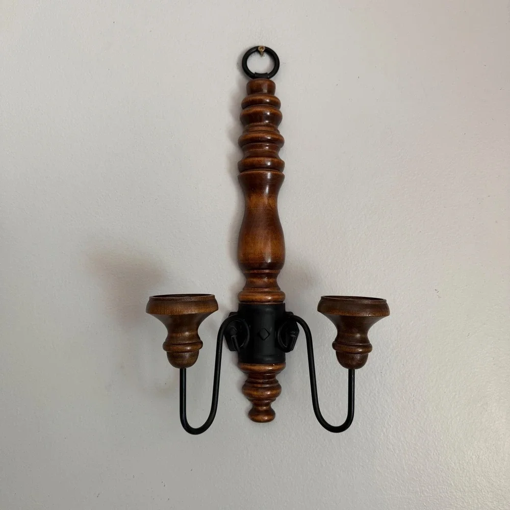 Vintage Turned Wood Wall Sconce Double Candle Holder Spindle Farmhouse